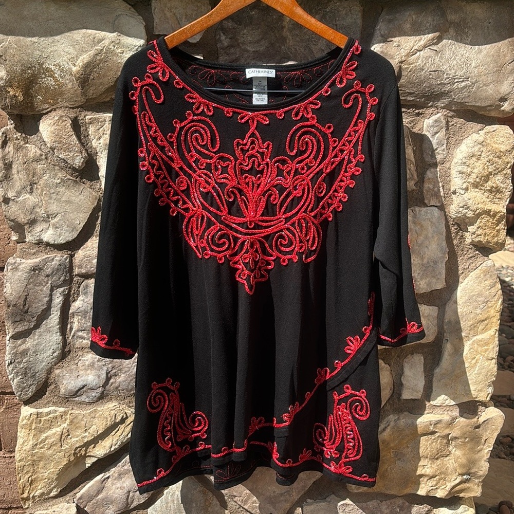 Catherines Embroidered Top Black Red 3/4 Sleeves Artsy Tunic Size 1X Boho - Picture 8 of 8